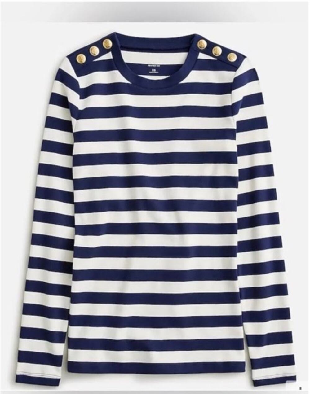 J. Crew Perfect Fit Striped Long Sleeve Tee Gold Button Navy White Nautical Prep